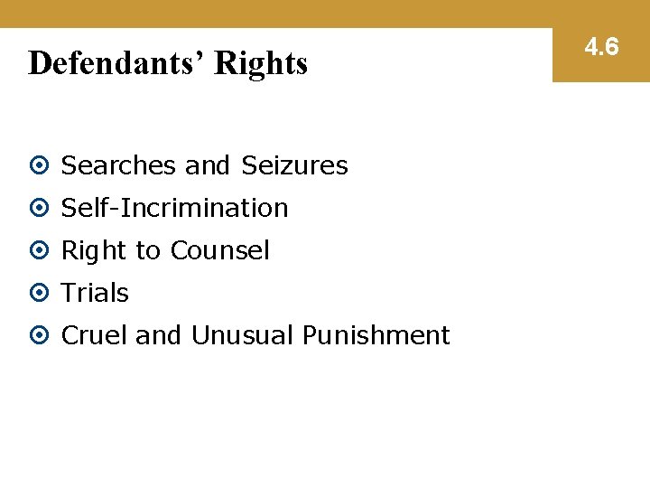 Defendants’ Rights Searches and Seizures Self-Incrimination Right to Counsel Trials Cruel and Unusual Punishment