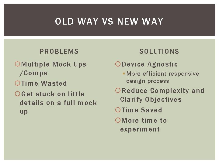 OLD WAY VS NEW WAY PROBLEMS Multiple Mock Ups /Comps Time Wasted Get stuck