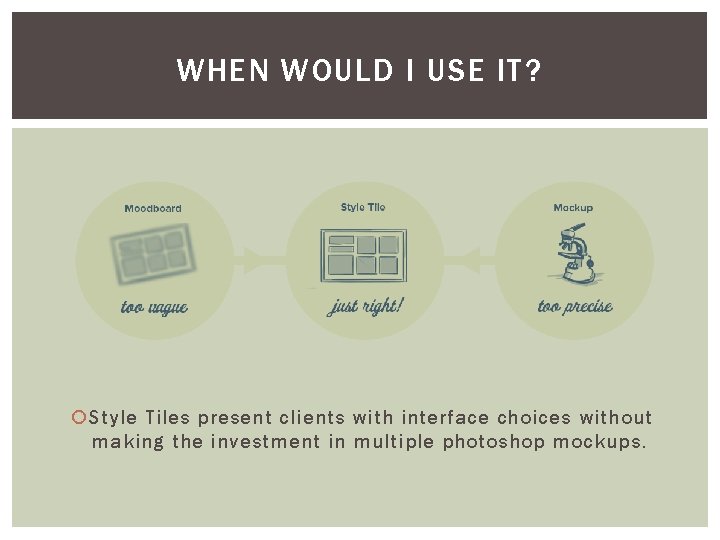 WHEN WOULD I USE IT? Style Tiles present clients with interface choices without making