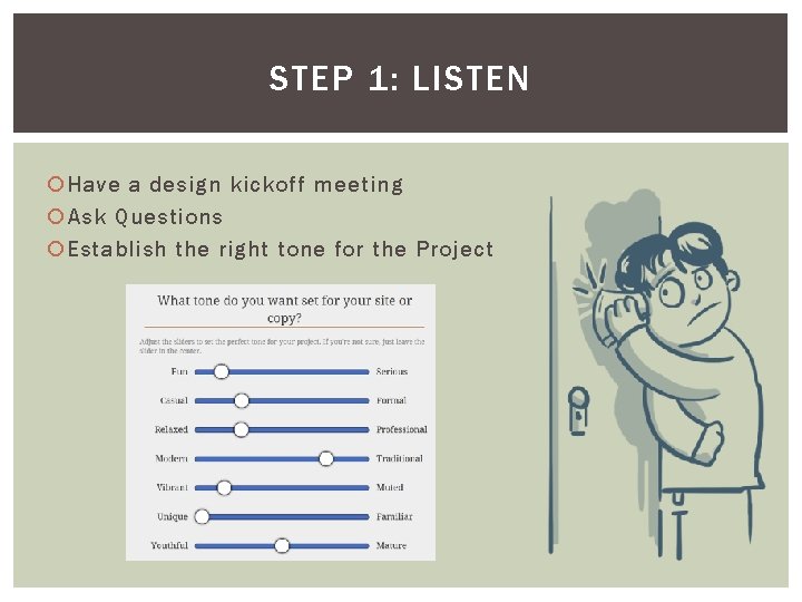 STEP 1: LISTEN Have a design kickoff meeting Ask Questions Establish the right tone