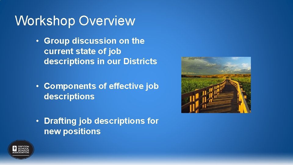 Workshop Overview • Group discussion on the current state of job descriptions in our