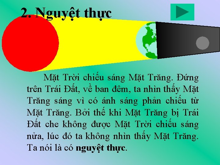 2. Nguyệt thực Mặt Trời chiếu sáng Mặt Trăng. Đứng trên Trái Đất, về