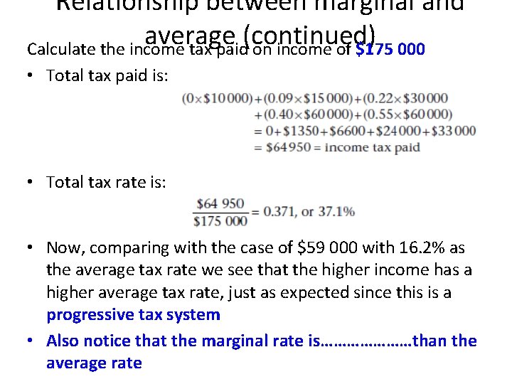 Relationship between marginal and average (continued) Calculate the income tax paid on income of