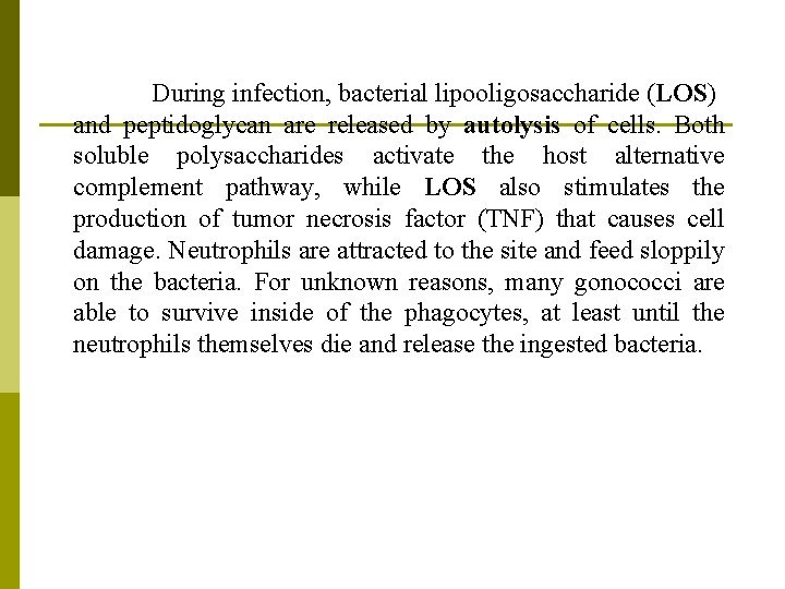 During infection, bacterial lipooligosaccharide (LOS) and peptidoglycan are released by autolysis of cells. Both