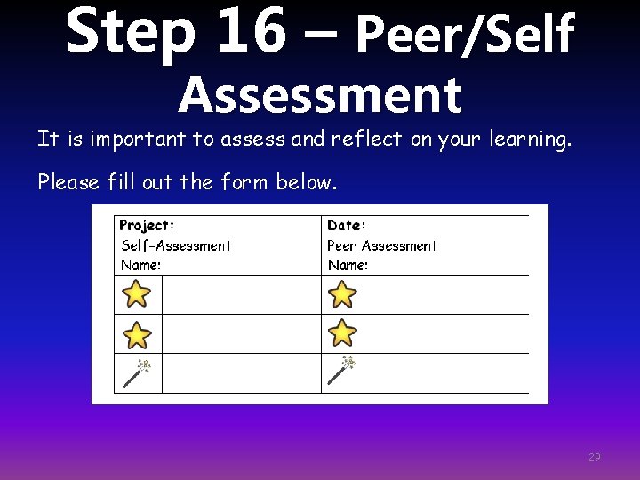 Step 16 – Peer/Self Assessment It is important to assess and reflect on your