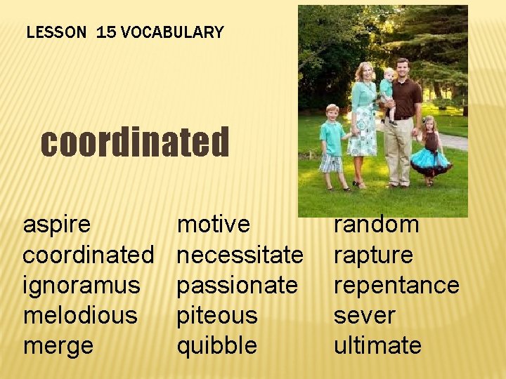 LESSON 15 VOCABULARY coordinated aspire coordinated ignoramus melodious merge motive necessitate passionate piteous quibble