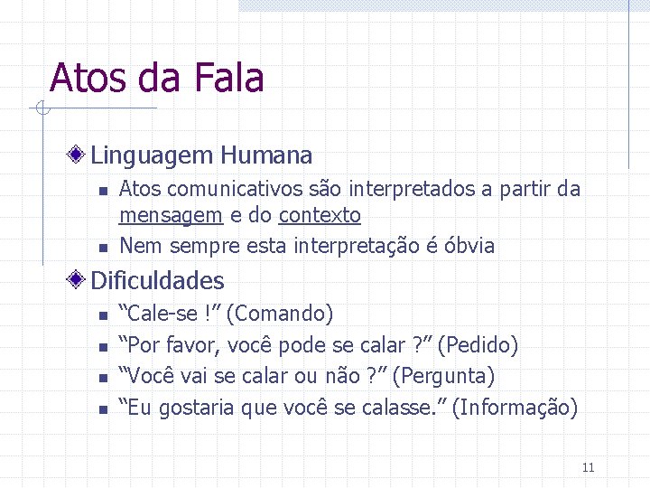 Atos da Fala Linguagem Humana n n Atos comunicativos são interpretados a partir da