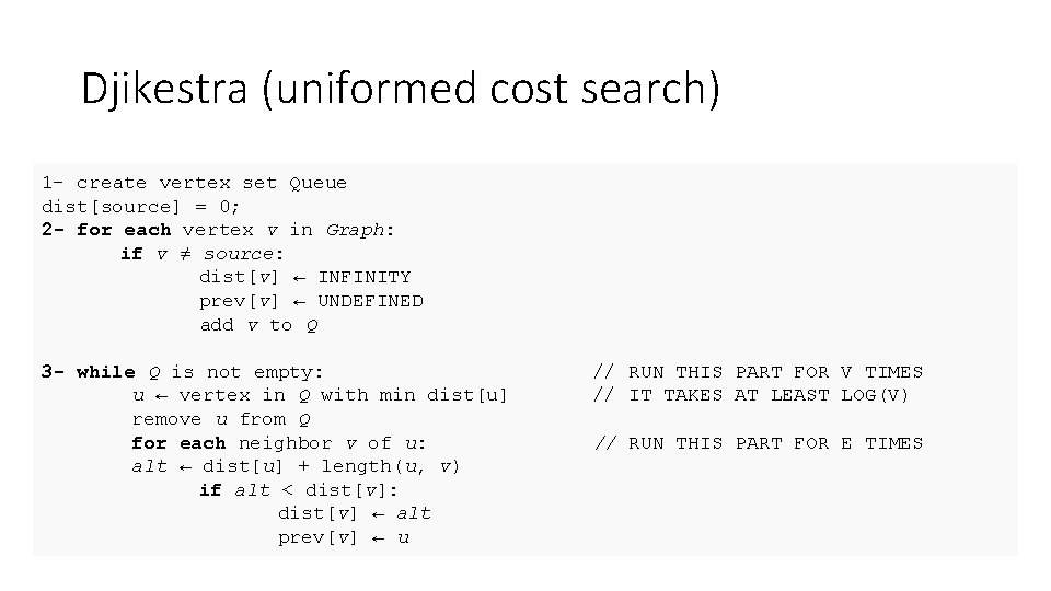 Djikestra (uniformed cost search) 1 - create vertex set Queue dist[source] = 0; 2