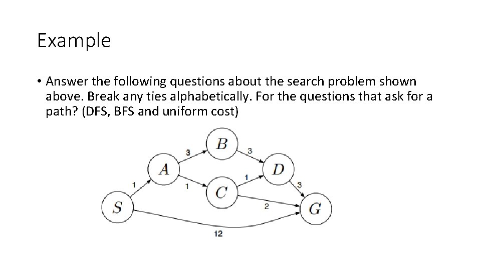 Example • Answer the following questions about the search problem shown above. Break any