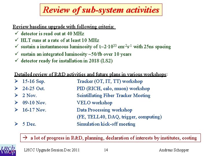 Review of sub-system activities Review baseline upgrade with following criteria: ü detector is read