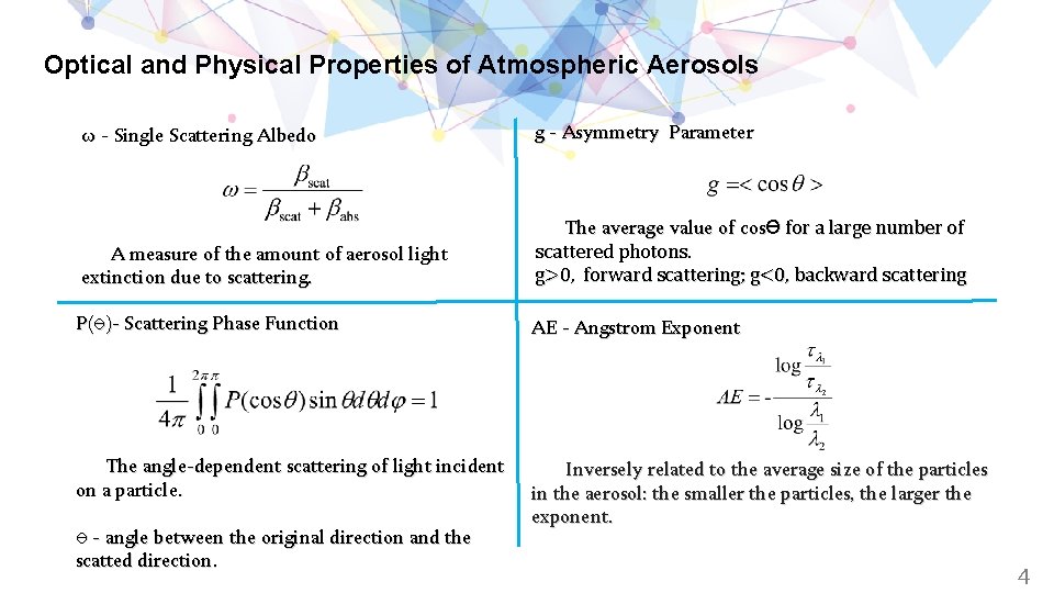 Optical and Physical Properties of Atmospheric Aerosols ω - Single Scattering Albedo g -