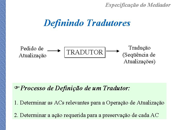 Especificação do Mediador Definindo Tradutores Pedido de Atualização TRADUTOR Tradução (Seqüência de Atualizações) FProcesso