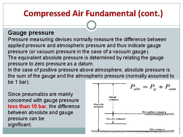 Compressed Air Fundamental (cont. ) Gauge pressure Pressure measuring devices normally measure the difference