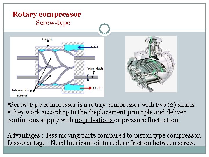 Rotary compressor Screw-type compressor is a rotary compressor with two (2) shafts. They work