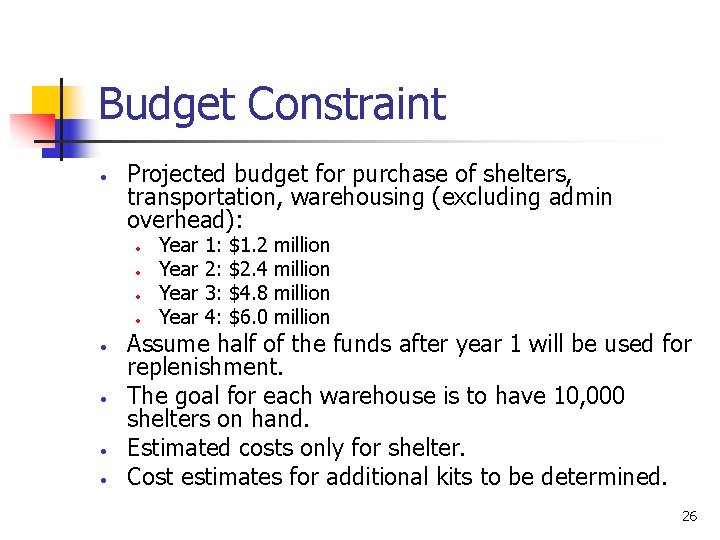 Budget Constraint • Projected budget for purchase of shelters, transportation, warehousing (excluding admin overhead):