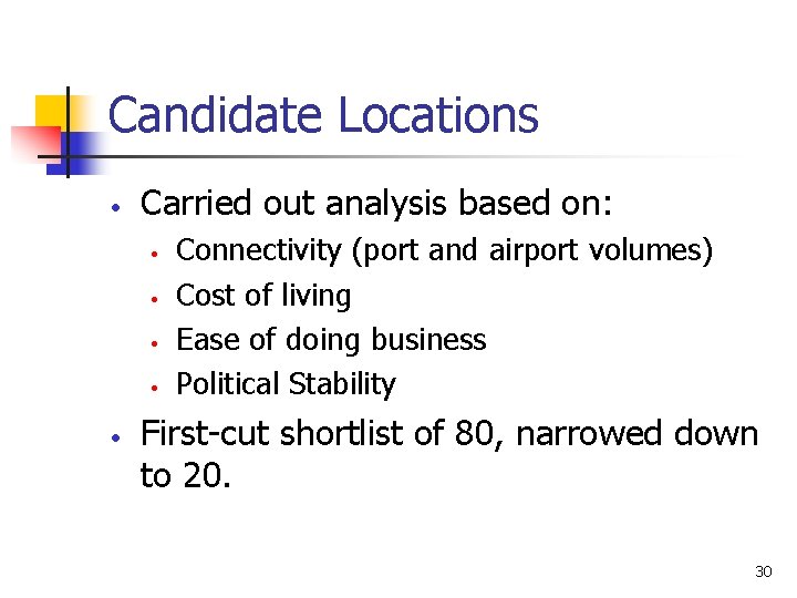 Candidate Locations • Carried out analysis based on: • • • Connectivity (port and