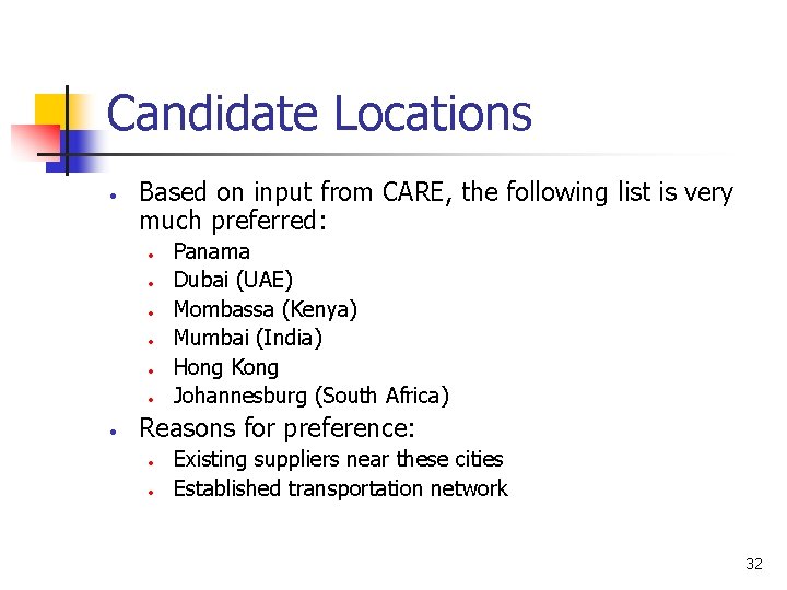 Candidate Locations • Based on input from CARE, the following list is very much