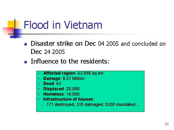 Flood in Vietnam n n Disaster strike on Dec 04 2005 and concluded on