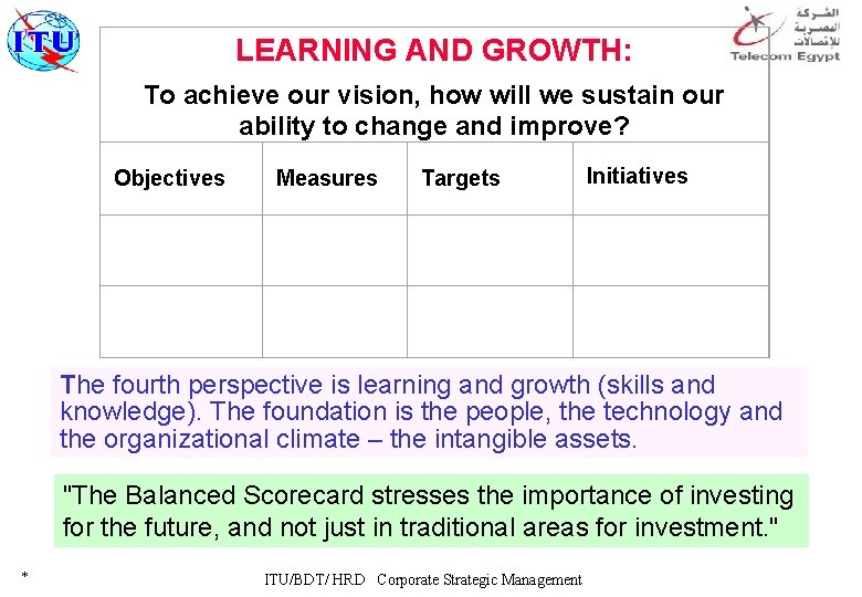 LEARNING AND GROWTH: To achieve our vision, how will we sustain our ability to