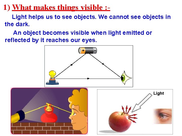 1) What makes things visible : Light helps us to see objects. We cannot