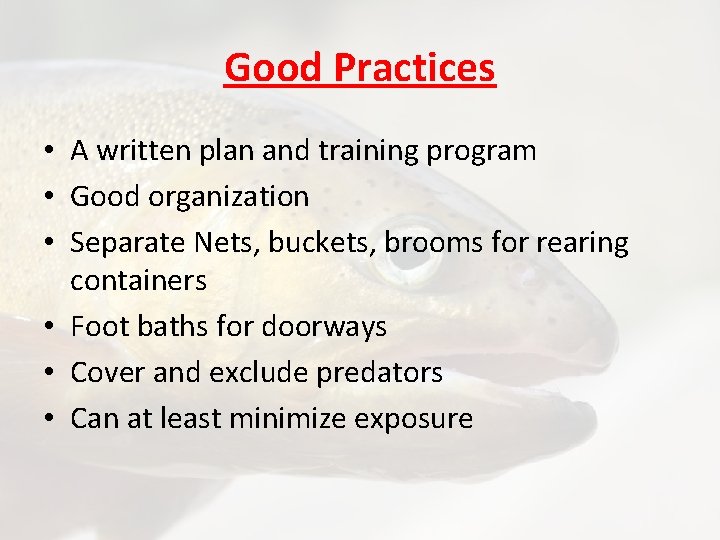 Good Practices • A written plan and training program • Good organization • Separate