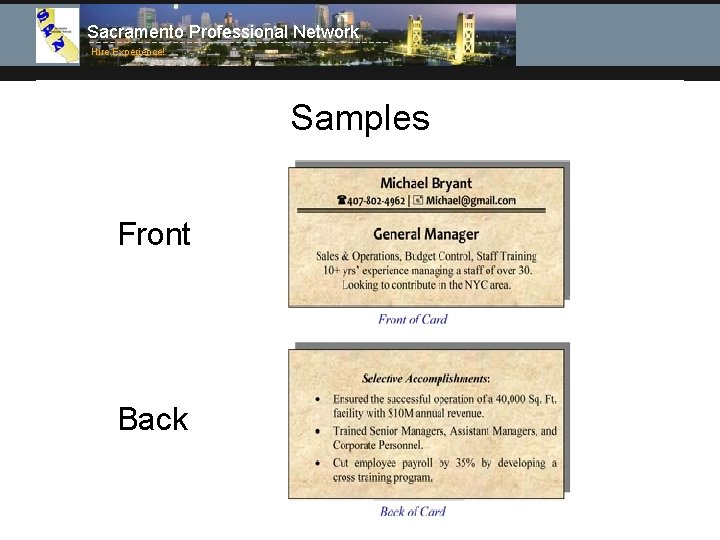 Sacramento Professional Network Hire Experience! Samples Front Back 