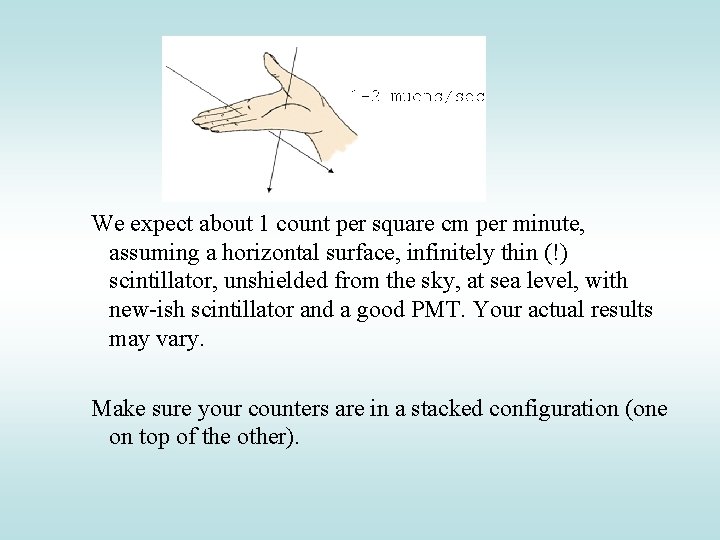 We expect about 1 count per square cm per minute, assuming a horizontal surface,