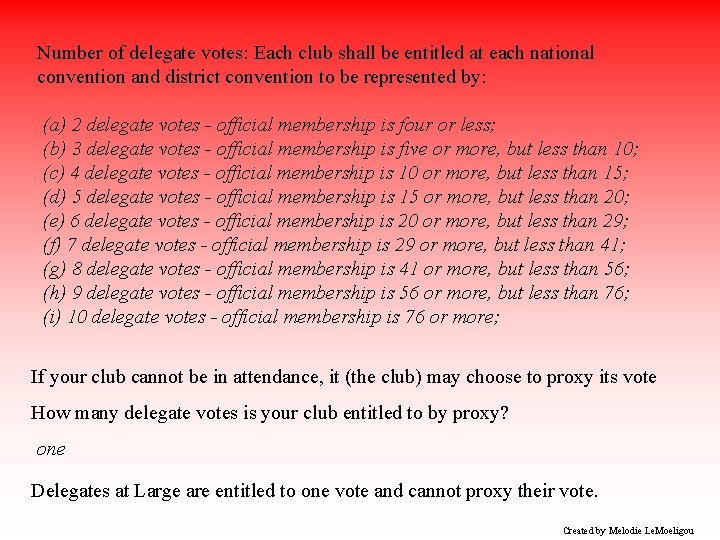 Number of delegate votes: Each club shall be entitled at each national convention and
