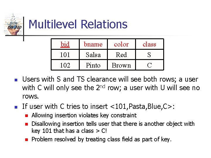 Multilevel Relations IST 210 bid 101 102 n n bname Salsa Pinto color Red