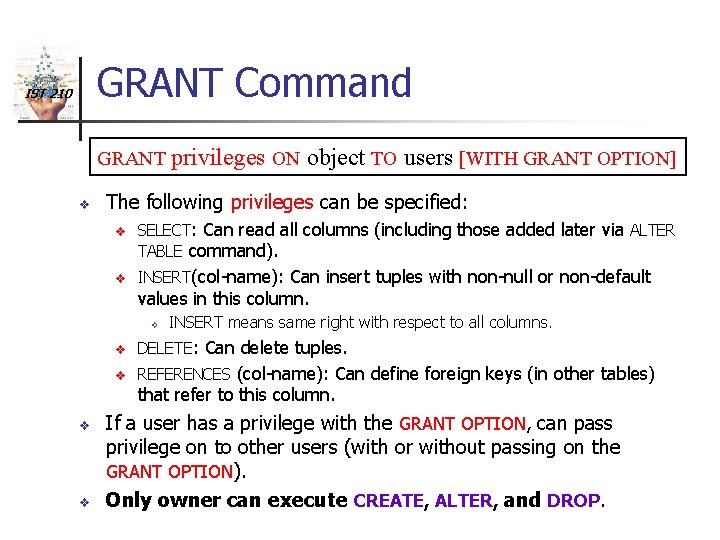 GRANT Command IST 210 GRANT privileges ON v object TO users [WITH GRANT OPTION]