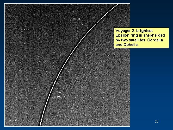 Voyager 2: brightest Epsilon ring is shepherded by two satellites, Cordelia and Ophelia. 22