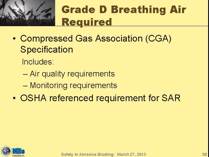 Grade D Breathing Air Required • Compressed Gas Association (CGA) Specification Includes: – Air