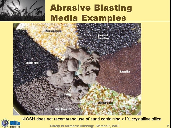 Abrasive Blasting Media Examples NIOSH does not recommend use of sand containing >1% crystalline