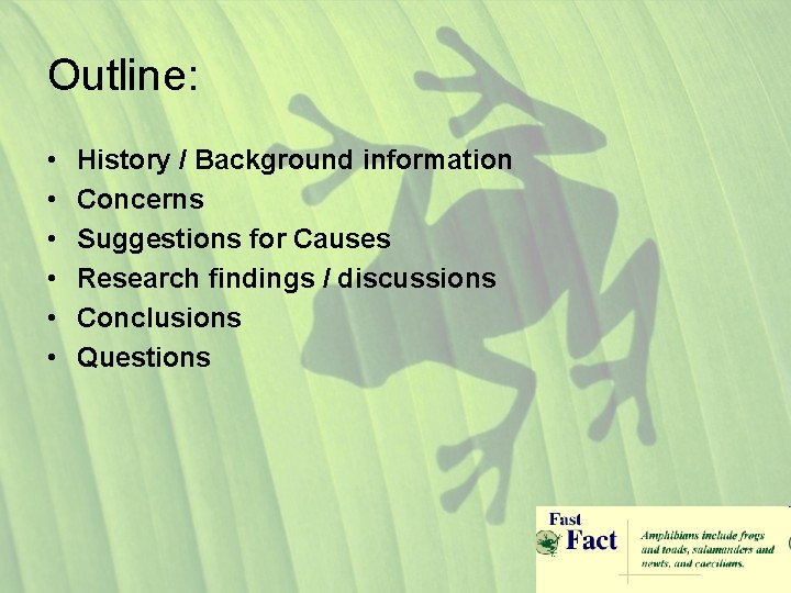 Outline: • • • History / Background information Concerns Suggestions for Causes Research findings