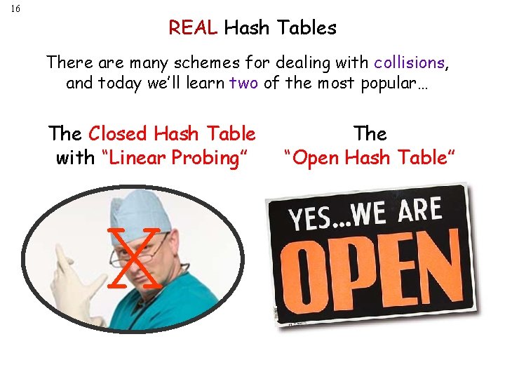 16 REAL Hash Tables There are many schemes for dealing with collisions, and today