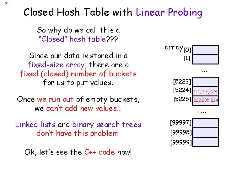 21 Closed Hash Table with Linear Probing So why do we call this a