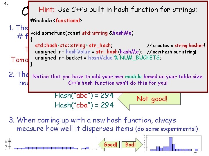 49 Hint: Use C++’s built in. Function: hash function for strings: Choosing a Hash