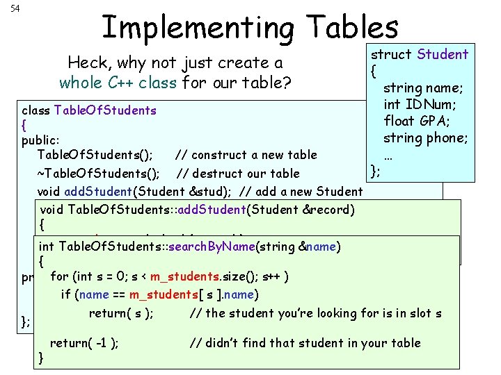 54 Implementing Tables Heck, why not just create a whole C++ class for our