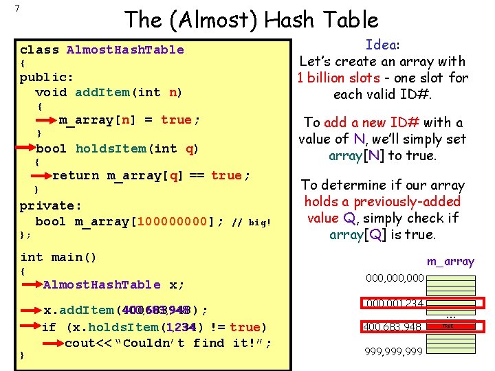 The (Almost) Hash Table 7 Idea: Let’s create an array with 1 billion slots