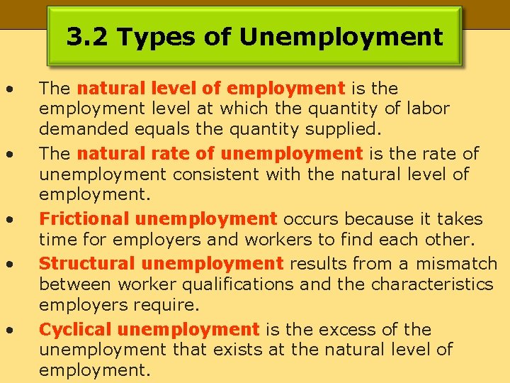 3. 2 Types of Unemployment • • • The natural level of employment is