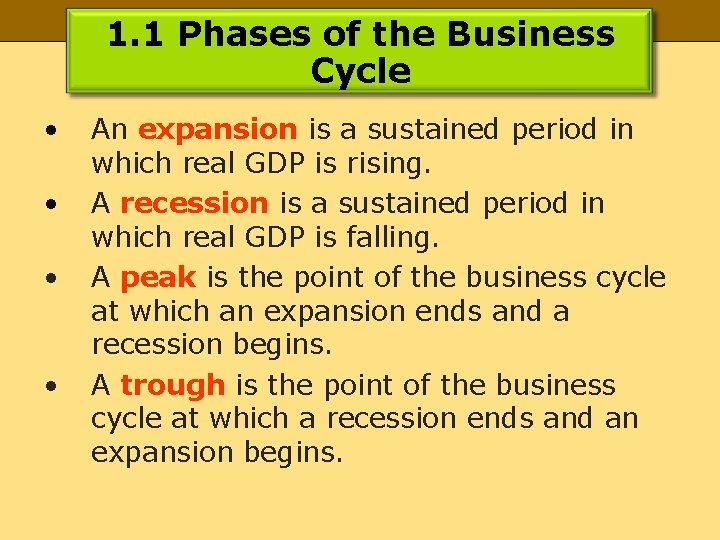 1. 1 Phases of the Business Cycle • • An expansion is a sustained
