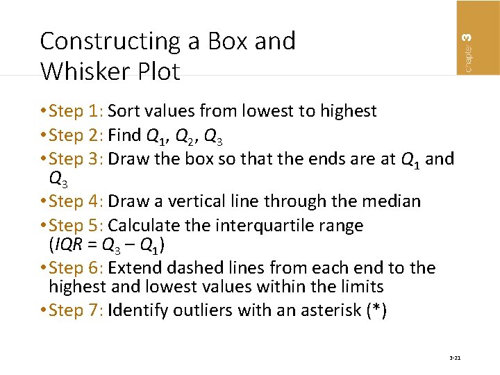 Constructing a Box and Whisker Plot • Step 1: Sort values from lowest to