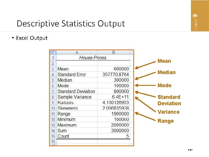 Descriptive Statistics Output • Excel Output Mean Median Mode Standard Deviation Variance Range 3