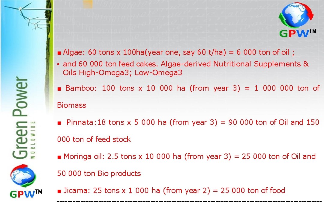 ■ Algae: 60 tons x 100 ha(year one, say 60 t/ha) = 6 000