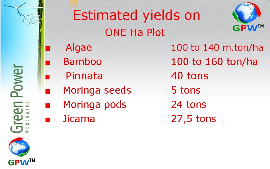 Estimated yields on ONE Ha Plot ■ Algae 100 to 140 m. ton/ha ■
