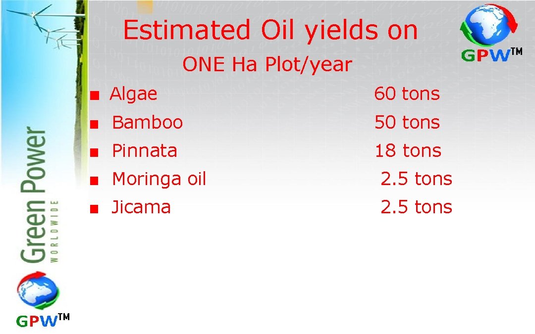 Estimated Oil yields on ONE Ha Plot/year ■ Algae ■ Bamboo 60 tons 50