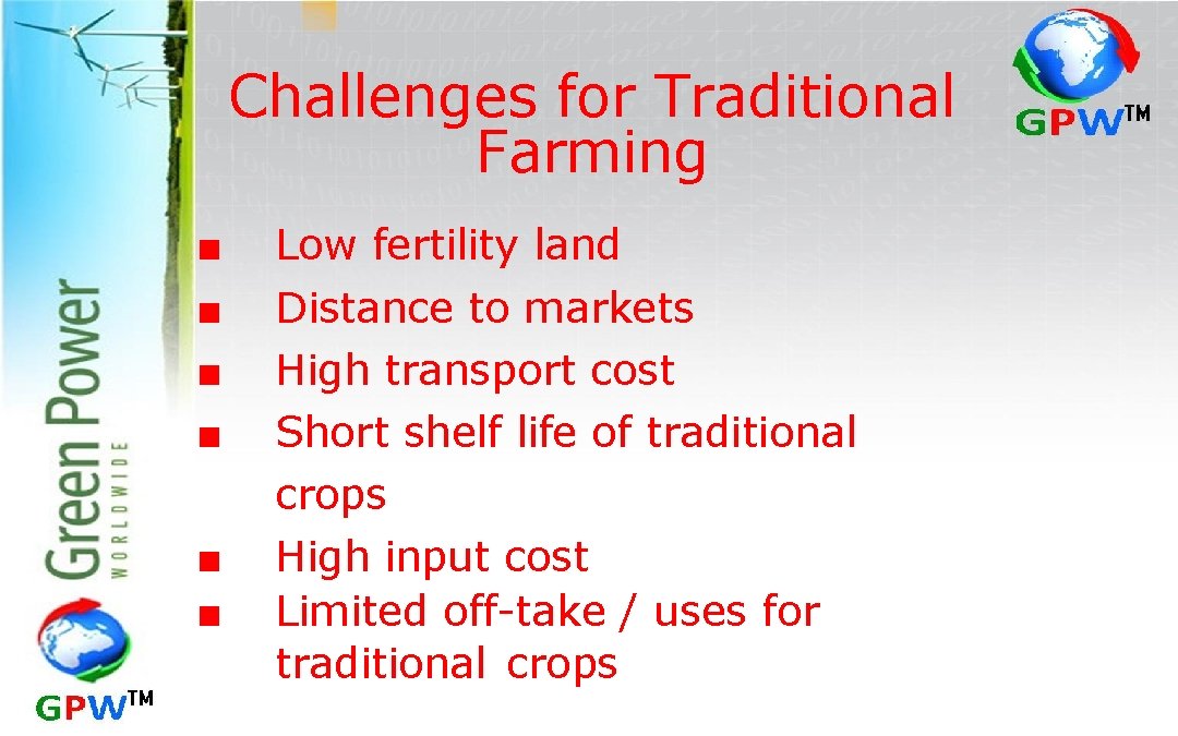 Challenges for Traditional Farming ■ ■ ■ Low fertility land Distance to markets High