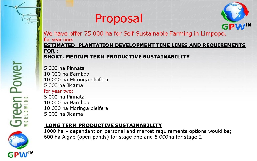 Proposal We have offer 75 000 ha for Self Sustainable Farming in Limpopo. for