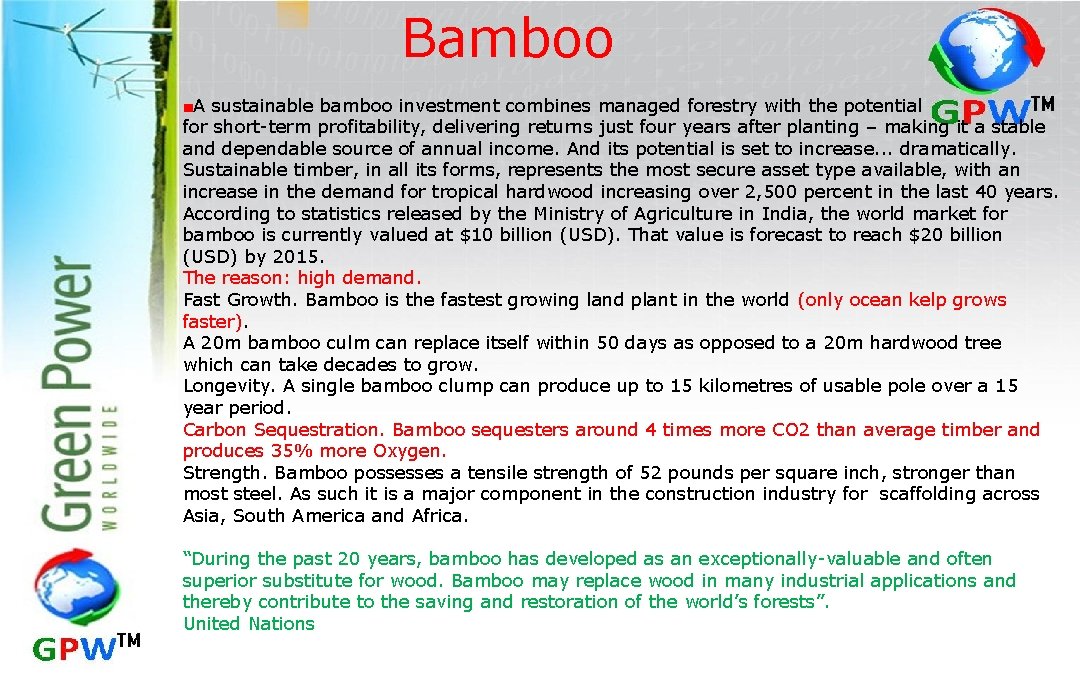 Bamboo ■A sustainable bamboo investment combines managed forestry with the potential for short-term profitability,