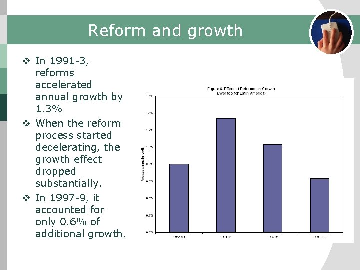 Reform and growth v In 1991 -3, reforms accelerated annual growth by 1. 3%